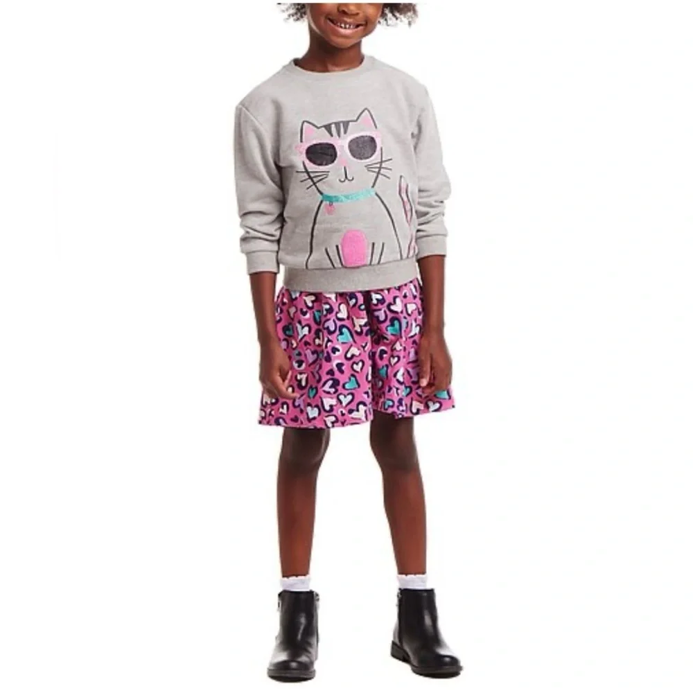 Andy & Evan Heather Gray Cat Top and Pink Leopard Jersey Skirt Set NWT